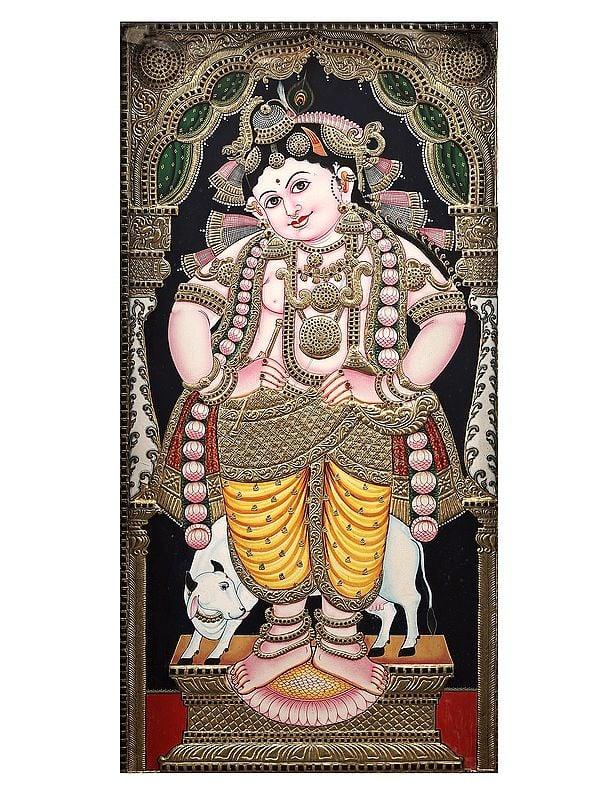 Exotic India Standing Navaneeta Krishna Tanjore Painting | Traditional Colors With 24K Gold | Teakwood Frame | Handmade