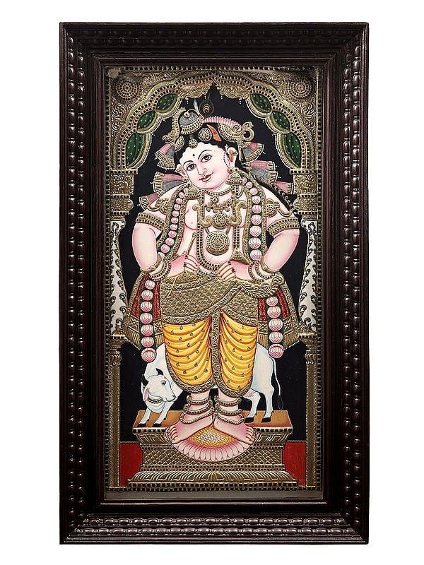 exotic india Standing Navaneeta Krishna Tanjore Painting | Traditional Colors With 24K Gold | Teakwood Frame | Handmade