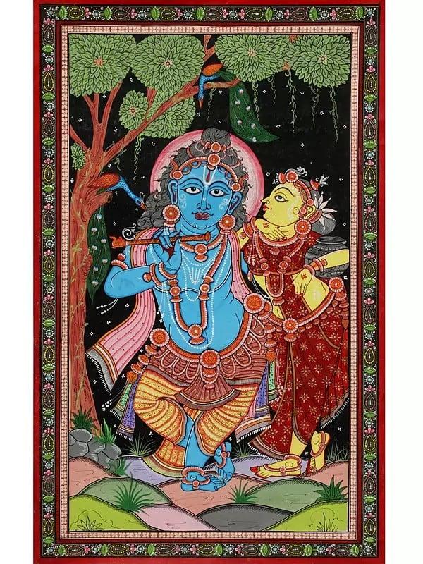 exotic india Standing Radha Krishna Together | Pattachitra Painting
