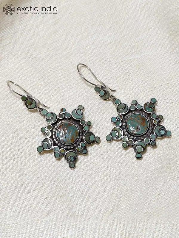 Exotic India Star Design Royston Turquoise Hook Earrings 