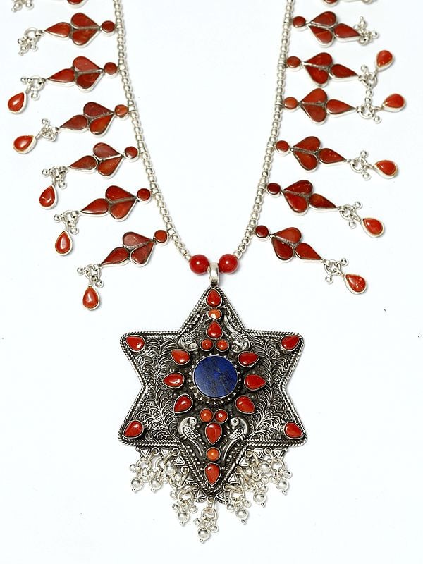 Exotic India Star Shape Sterling Silver Necklace With Coral And Lapis Lazuli 