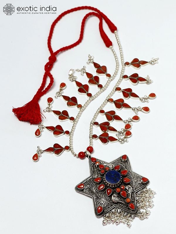 exotic india Star Shape Sterling Silver Necklace with Coral and Lapis Lazuli 