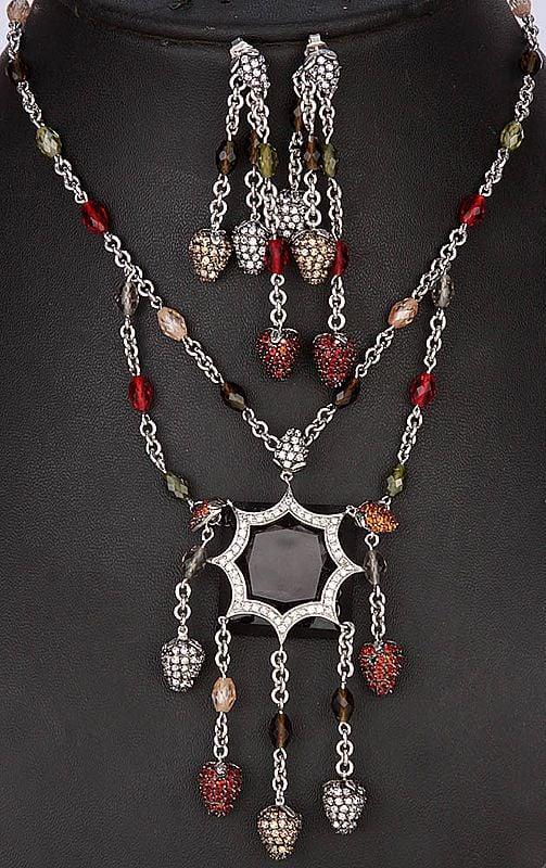 exotic india Star-Shaped Colored Glass-Gems Necklace With Drops and Matching Bunched Dangle Earrings 