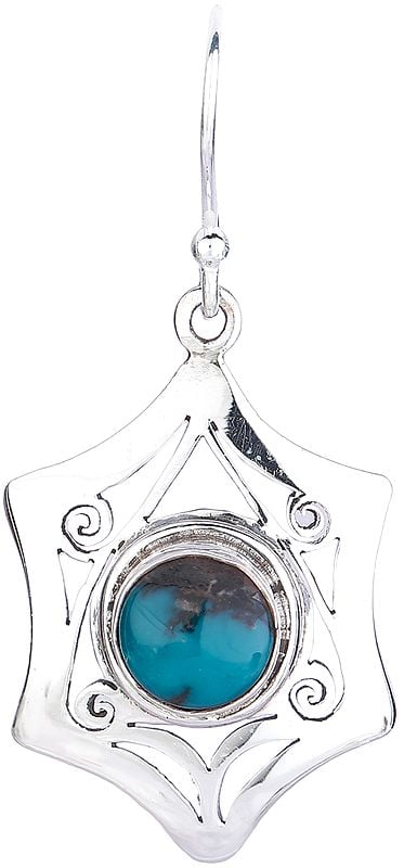 Exotic India Star Shaped Jali (Lattice) Sterling Silver Earrings With Turquoise 