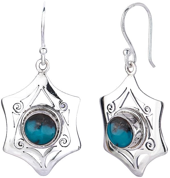 exotic india Star Shaped Jali (Lattice) Sterling Silver Earrings with Turquoise 