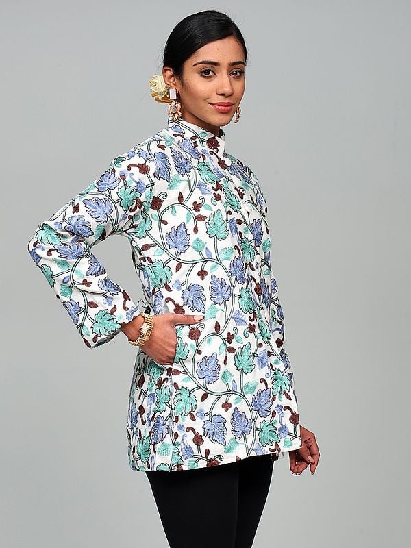 Exotic India Star-White Aari Embroidered Maple Leaf Wool Short Jacket From Kashmir 