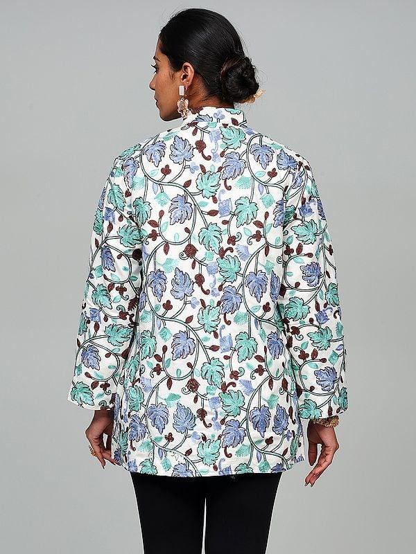 Exotic India Star-White Aari Embroidered Maple Leaf Wool Short Jacket From Kashmir 