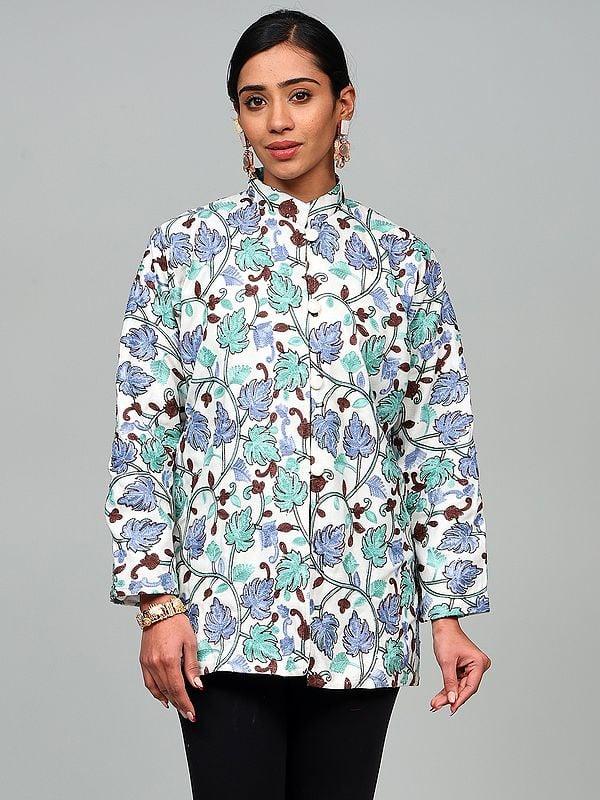 exotic india Star-White Aari Embroidered Maple Leaf Wool Short Jacket from Kashmir 