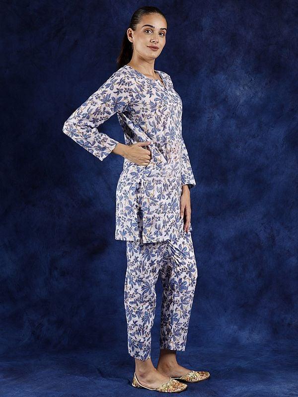 Exotic India Star-White Floral Printed Pure Cotton Co-Ord Set With Side Pockets