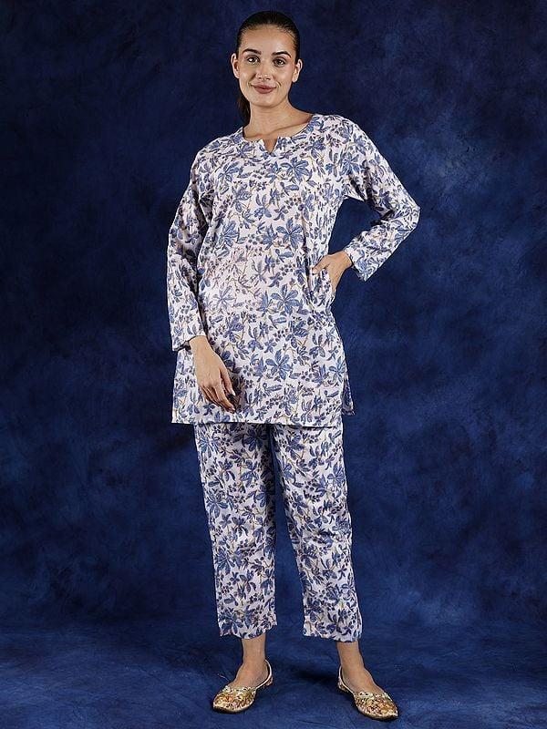 exotic india Star-White Floral Printed Pure Cotton Co-Ord Set with Side Pockets 