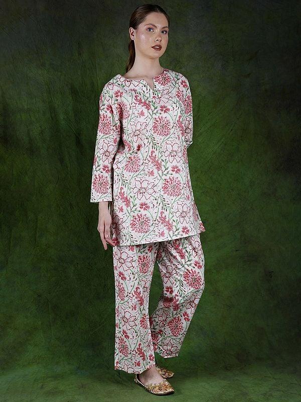 Exotic India Star-White Pure Cotton Co-Ord Set With Printed Floral Vines