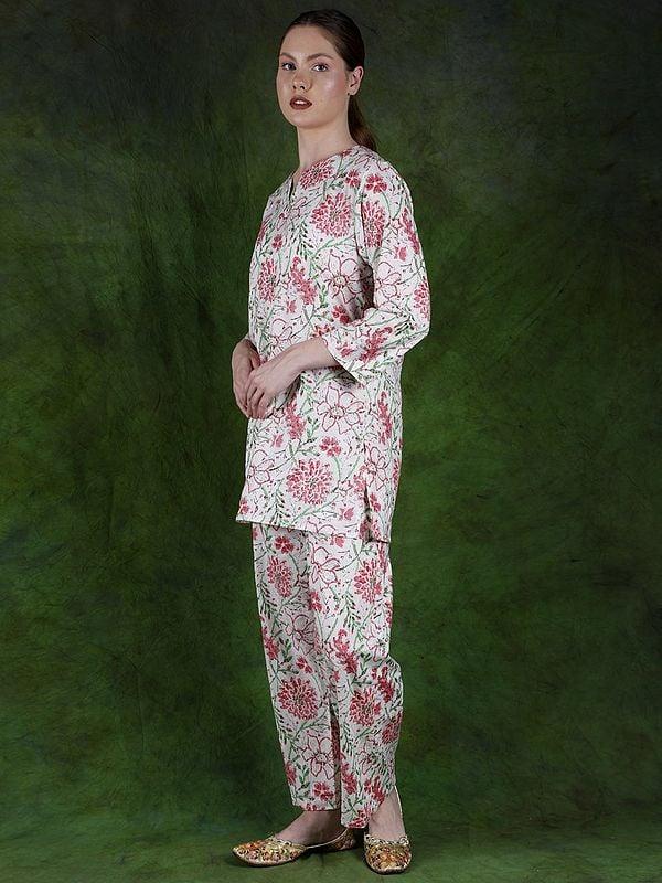 Exotic India Star-White Pure Cotton Co-Ord Set With Printed Floral Vines