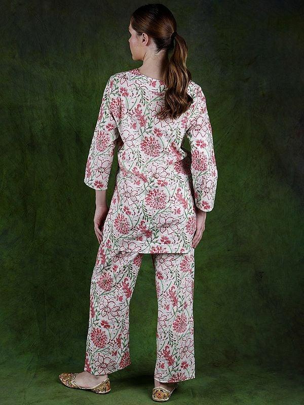 Exotic India Star-White Pure Cotton Co-Ord Set With Printed Floral Vines