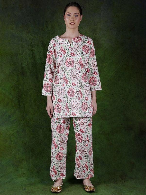 exotic india Star-White Pure Cotton Co-Ord Set with Printed Floral Vines