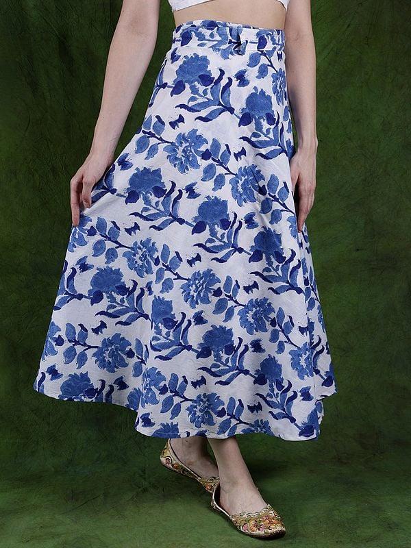 Exotic India Star-White Wrap-Around Long Skirt With Printed Floral Vines 