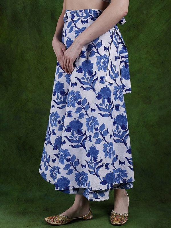 Exotic India Star-White Wrap-Around Long Skirt With Printed Floral Vines 