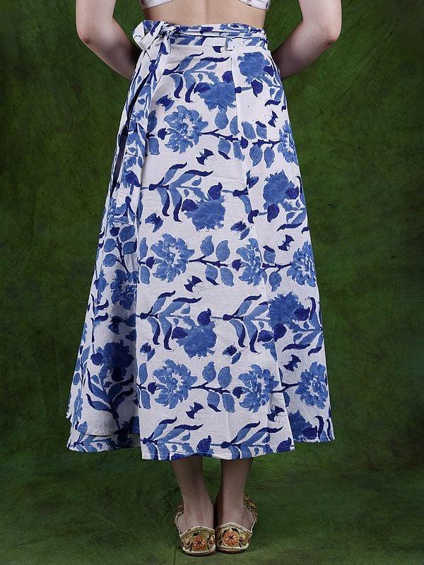 Exotic India Star-White Wrap-Around Long Skirt With Printed Floral Vines 