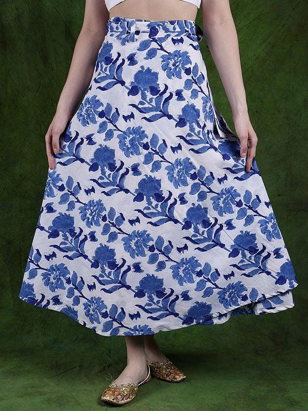 exotic india Star-White Wrap-Around Long Skirt with Printed Floral Vines 