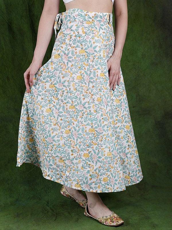 Exotic India Star-White Wrap-Around Long Skirt With Printed Hibiscus Flowers