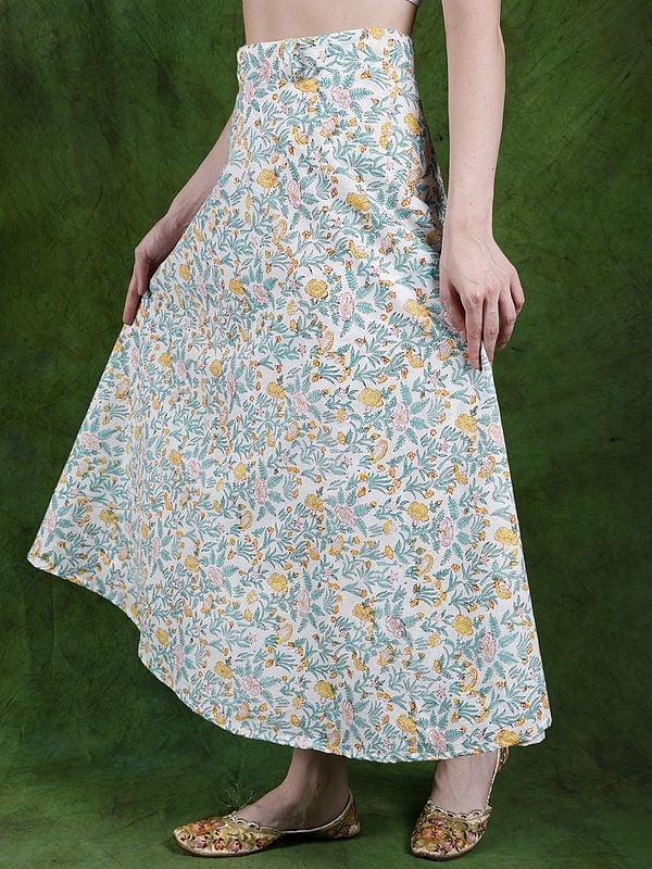 Exotic India Star-White Wrap-Around Long Skirt With Printed Hibiscus Flowers