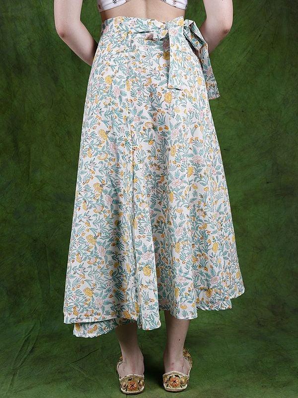 Exotic India Star-White Wrap-Around Long Skirt With Printed Hibiscus Flowers