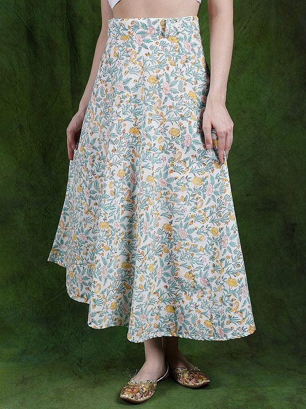 exotic india Star-White Wrap-Around Long Skirt with Printed Hibiscus Flowers 