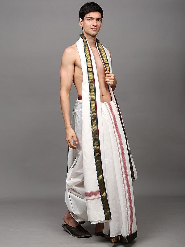 Exotic India Star-White Zari Woven Border Drape Dhoti With With Angavastram Set 