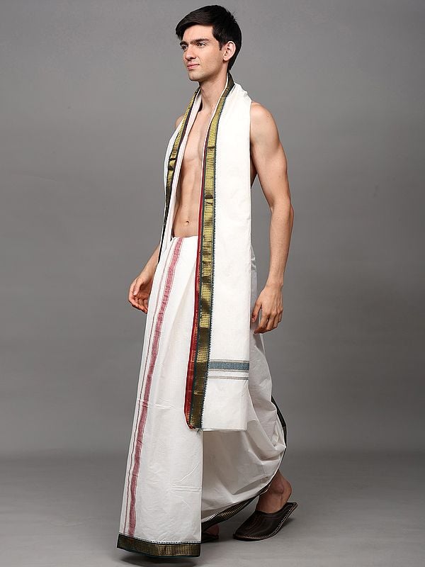 Exotic India Star-White Zari Woven Border Drape Dhoti With With Angavastram Set 