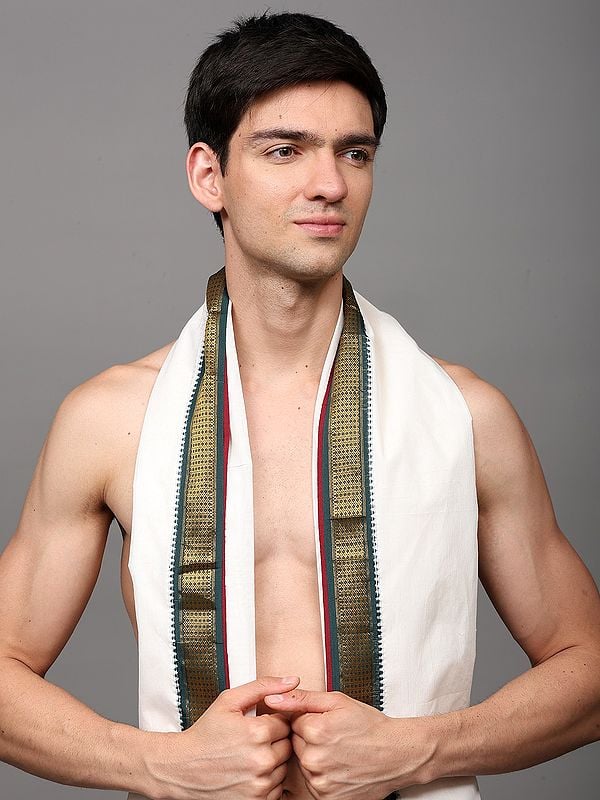 Exotic India Star-White Zari Woven Border Drape Dhoti With With Angavastram Set 