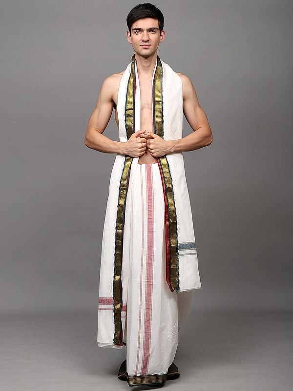 exotic india Star-White Zari Woven Border Drape Dhoti with with Angavastram Set 