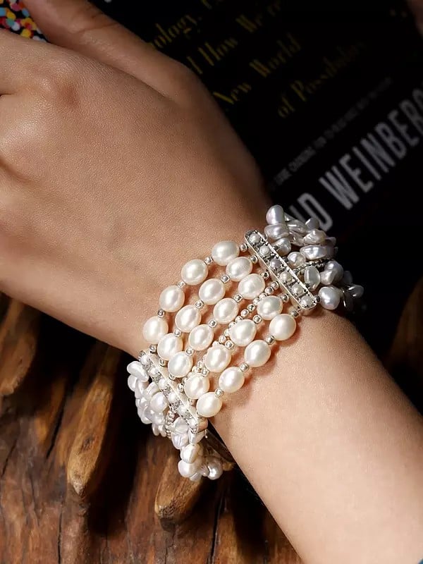 Exotic India Sterling Bracelet With Silver Beads & Pearl 