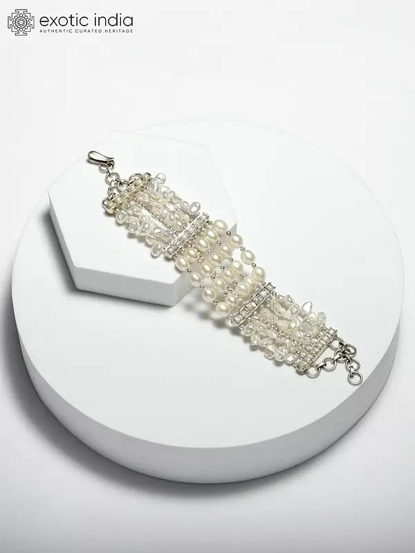 Exotic India Sterling Bracelet With Silver Beads & Pearl 