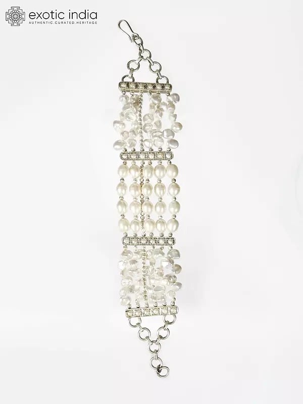 Exotic India Sterling Bracelet With Silver Beads & Pearl 