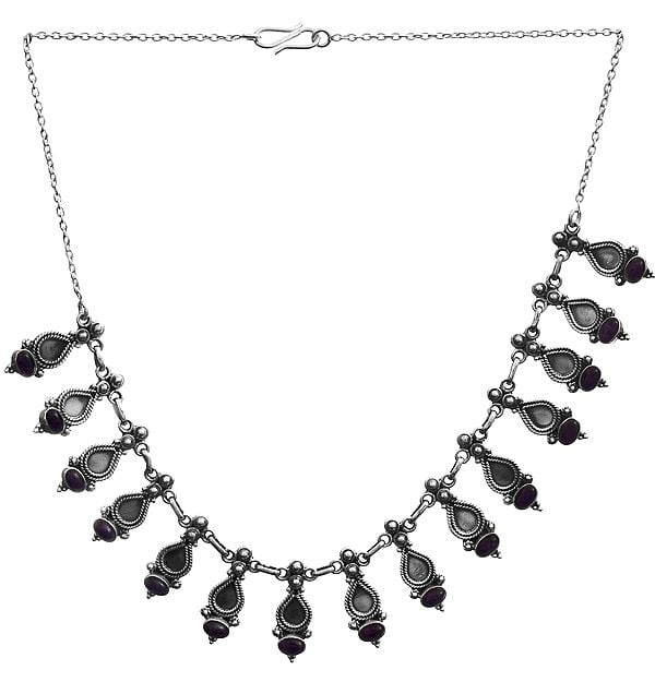 exotic india Sterling Necklace with Tear-drop Shape Motifs and Regal Purple Stones 