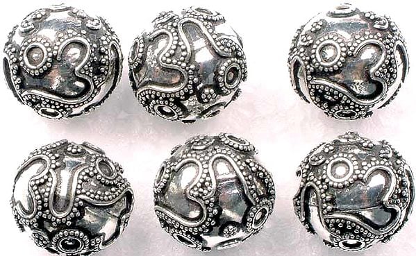 exotic india Sterling Om Beads (Price per Four Pieces) 