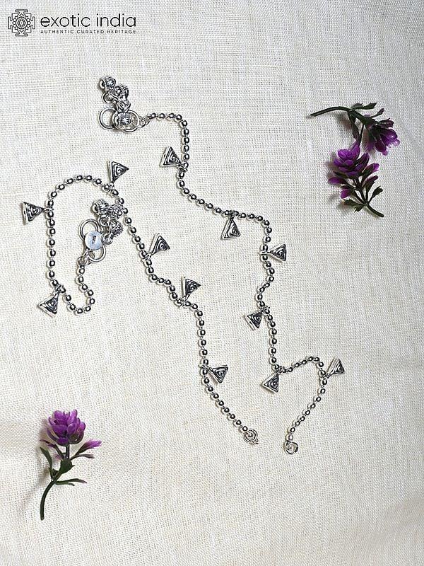 Exotic India Sterling Silver Anklet With Triangle Drops 