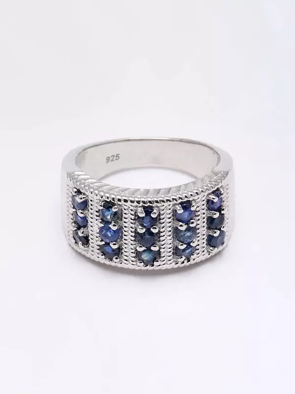 Exotic India Sterling Silver Band Ring With Faceted Blue Sapphire 