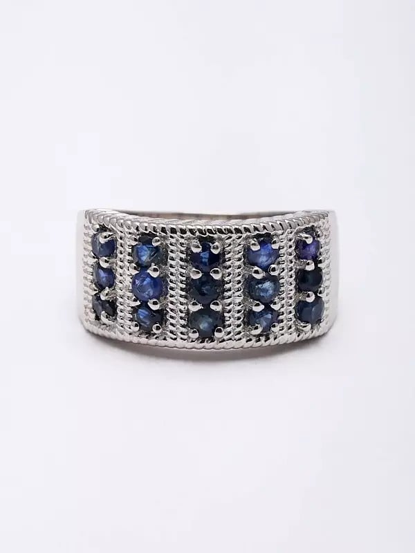 Exotic India Sterling Silver Band Ring With Faceted Blue Sapphire 