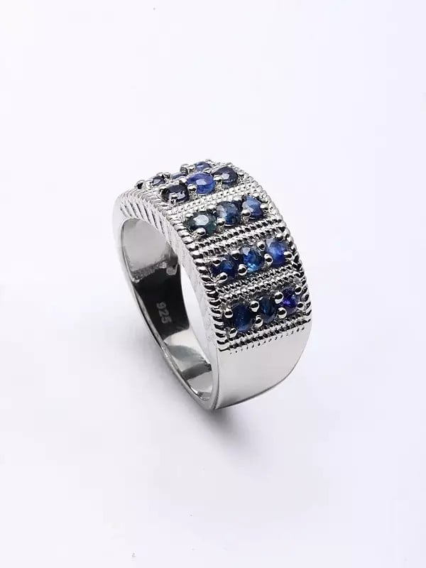 exotic india Sterling Silver Band Ring with Faceted Blue Sapphire 