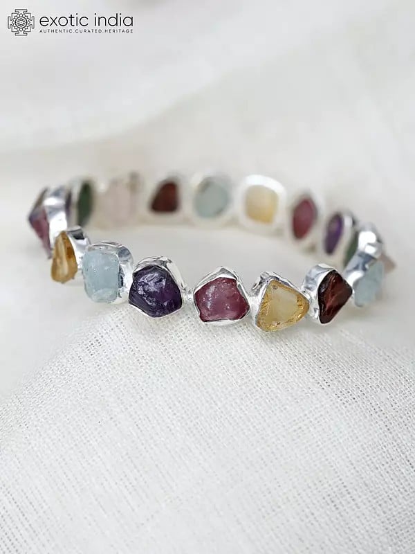 Exotic India Sterling Silver Bangle With Raw Gemstones 