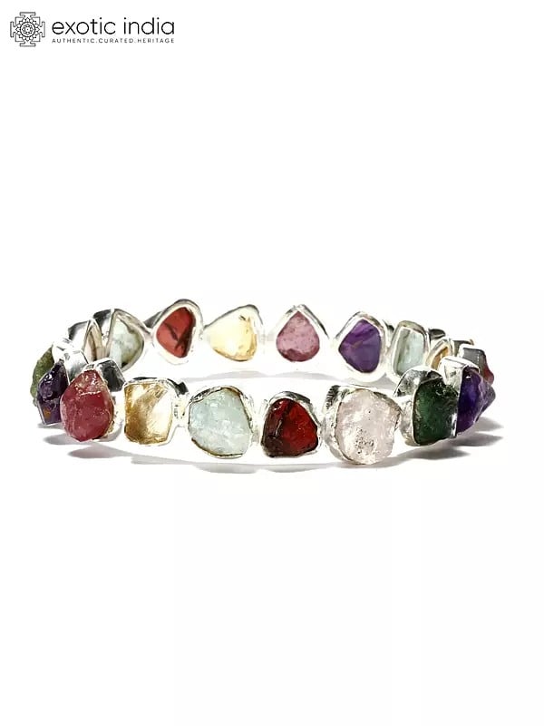 Exotic India Sterling Silver Bangle With Raw Gemstones 