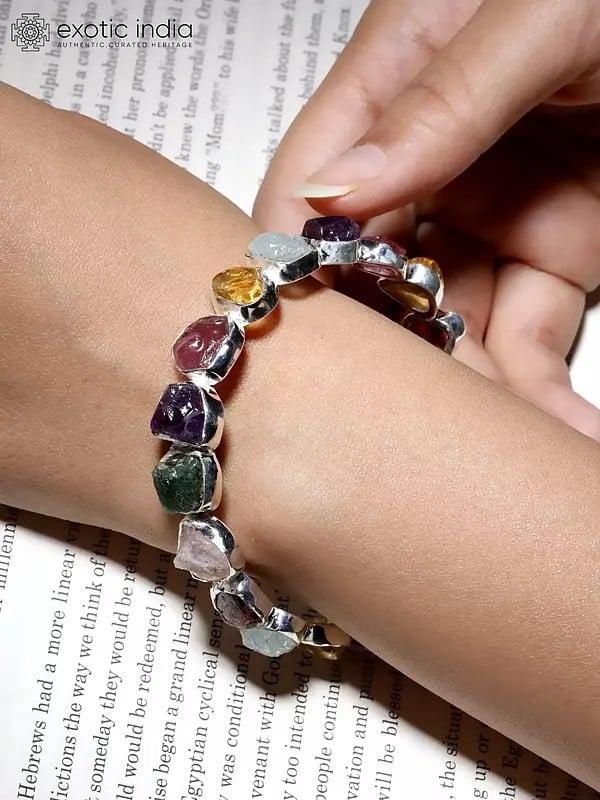 Exotic India Sterling Silver Bangle With Raw Gemstones 