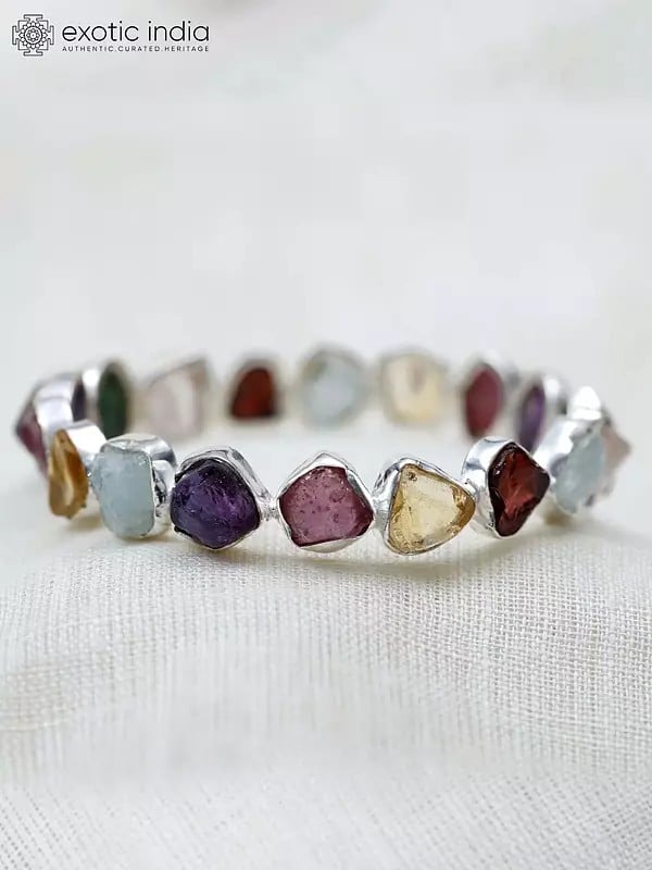 exotic india Sterling Silver Bangle with Raw Gemstones 
