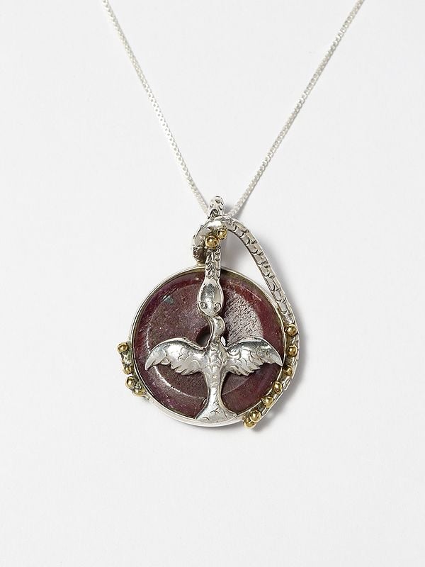 exotic india Sterling Silver Bird Pendant with Round Raw Ruby