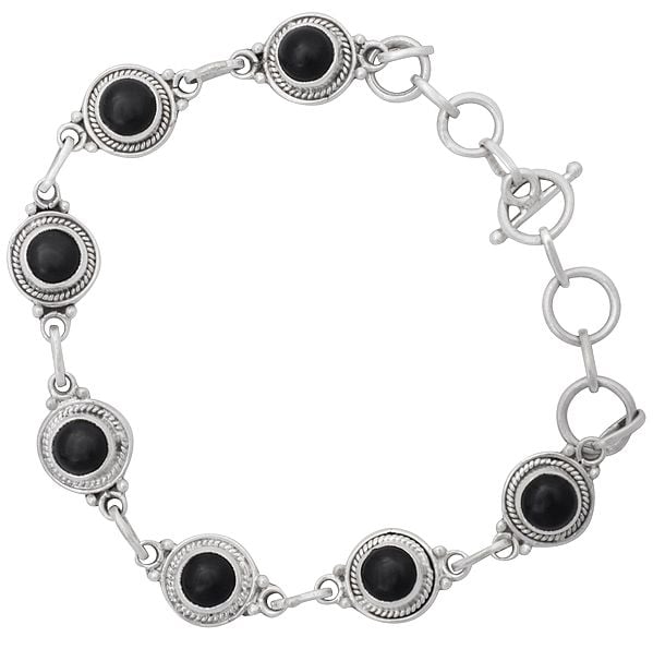 Exotic India Sterling Silver Bracelet With Black Onyx Gemstone Beads