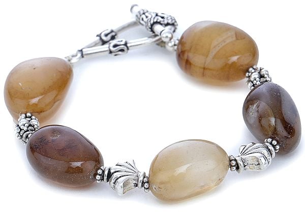 Exotic India Sterling Silver Bracelet With Chunky Agate Tumbles 