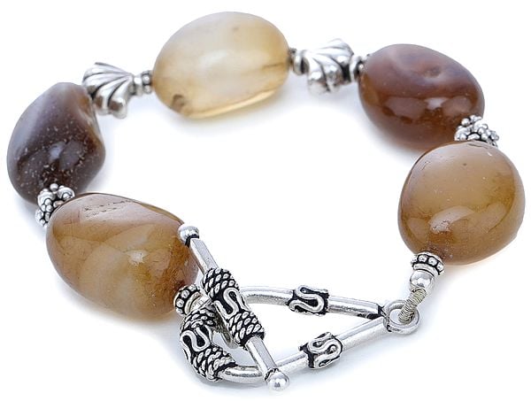 Exotic India Sterling Silver Bracelet With Chunky Agate Tumbles 