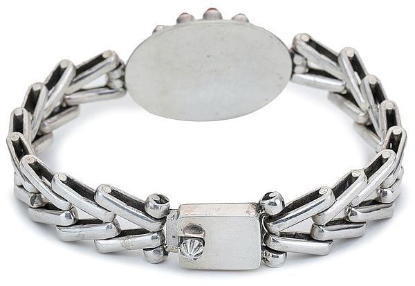 Exotic India Sterling Silver Bracelet With Coral And Lapis Lazuli Gemstones 