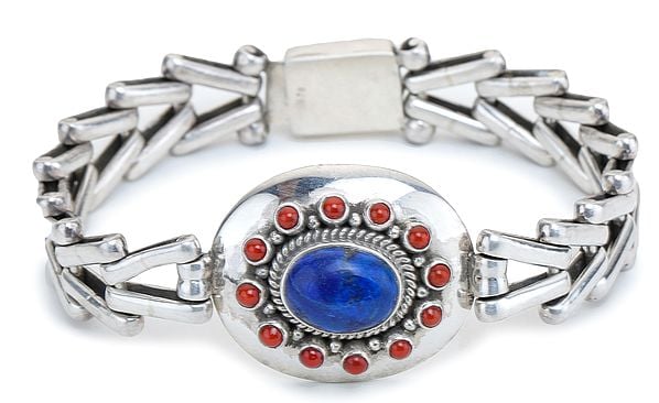 exotic india Sterling Silver Bracelet with Coral and Lapis Lazuli Gemstones