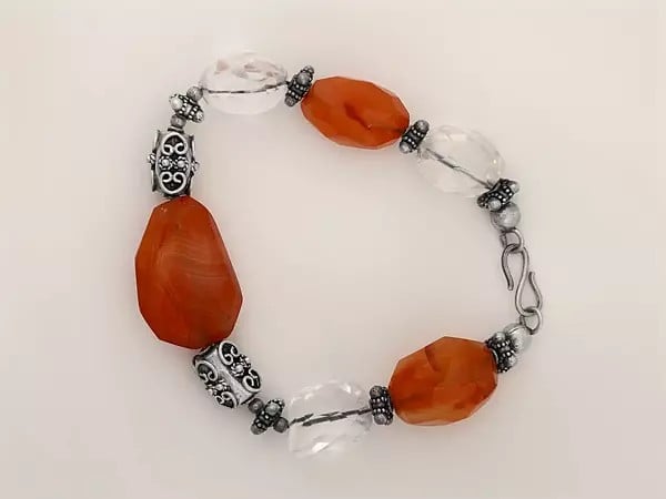 Exotic India Sterling Silver Bracelet With Crystal And Carnelian Gemstone
